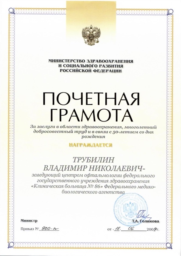 Почетная грамота В. Трубилин